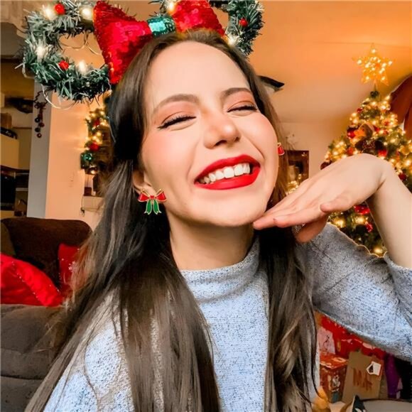 Christmas Bow Earrings | Red & Green Gold Plated Studs | Festive Holiday Jewelry - Picture 4 of 5